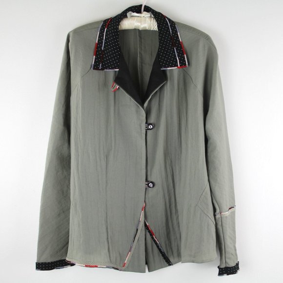 Anna Polan Sage Green Black White Polka Dot Trim Lightweight Jacket Blazer L - Picture 1 of 6